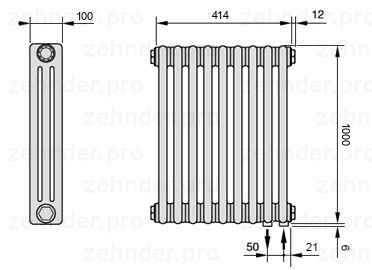 Схема (чертеж) Радиатор Zehnder Charleston 3100/9 №5510 Белый глянцевый RAL 9016